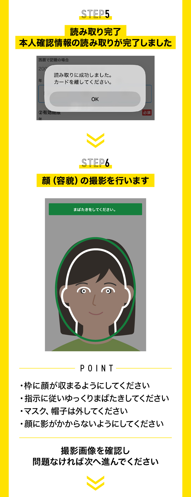 運転免許証 STEP5 読み取り完了、STEP6 顔（容貌）の撮影