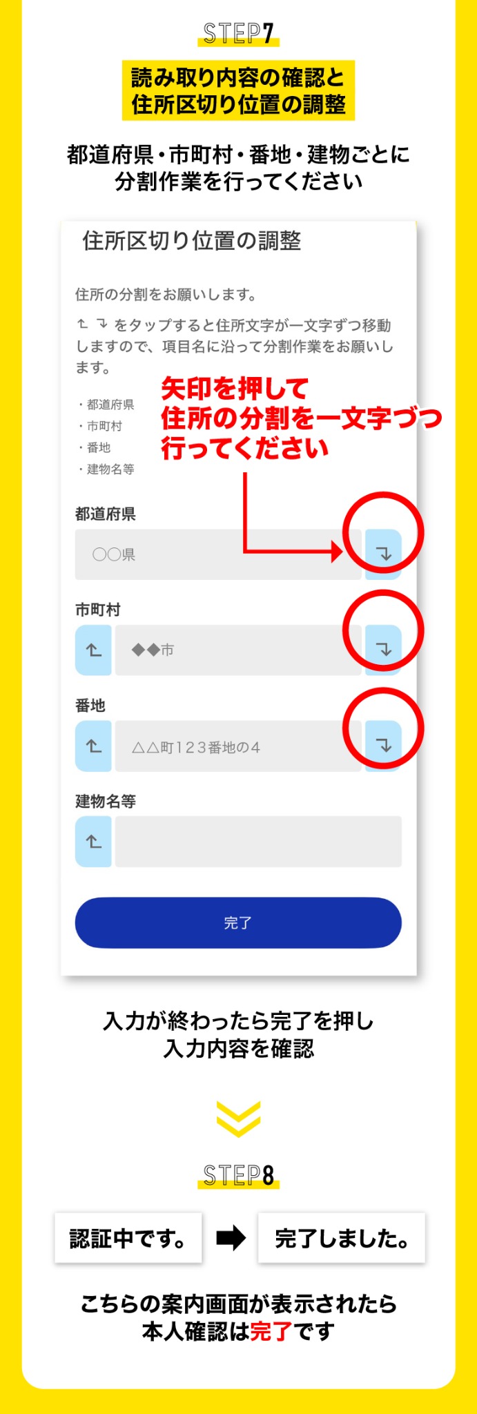 運転免許証 STEP7 読み取り内容の確認と住所区切り位置の調整、STEP8 本人確認完了