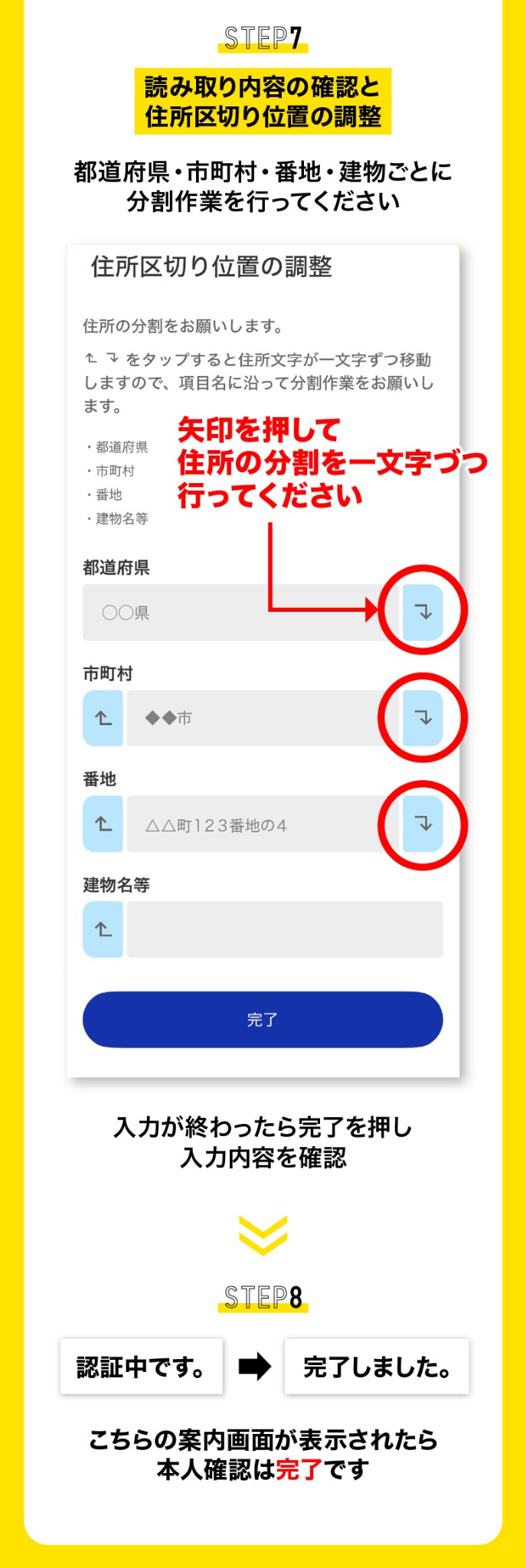 マイナンバーカード STEP7 読み取り内容の確認と住所区切り位置の調整、STEP8 本人確認完了
